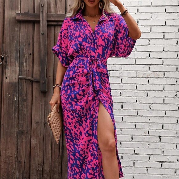 Multicolor Boho Womens Allover Print Batwing Sleeve Belted Shirt Dress - Picture 4 of 5